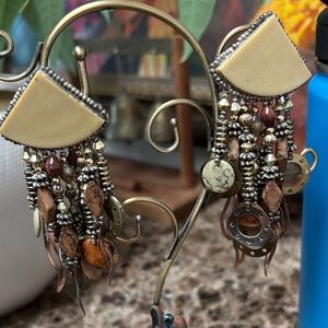 Bohemian Dangle Earrings with Cream and Brown Accents clip on earring . Brazil.